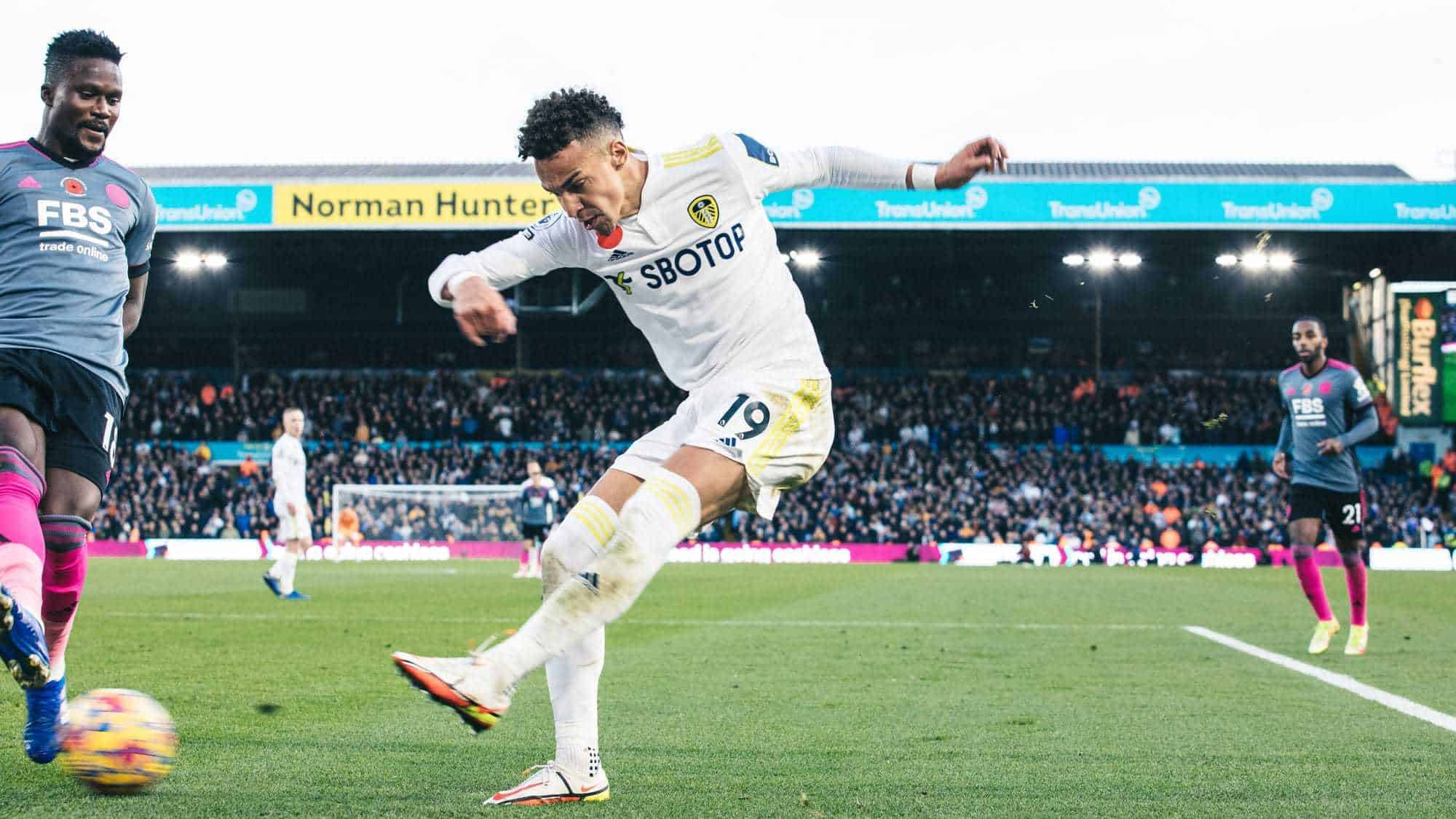 Rodrigo having a shot on the edge of the six yard box for Leeds against Leicester
